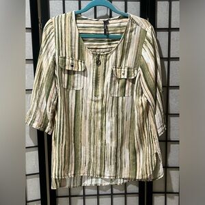 CATHY LINEN BLEND Striped Green & Cream Button-Accent Tunic WOMEN SIZE L